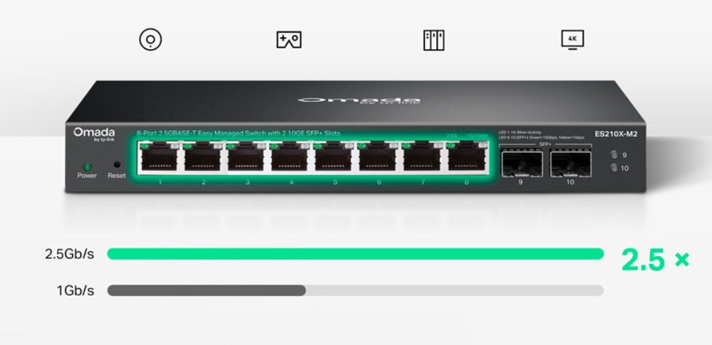 Switch TP-LINK Omada ES210X-M2 Zbliżenie na panel przedni przełącznika z widocznymi ośmioma portami RJ-45 i dwoma pionowymi gniazdami na moduły światłowodowe po prawej stronie