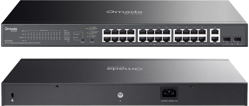 Switch TP-LINK Omada ES228GP Trzy zdjęcia obrazujące zastosowanie przełącznika: podłączenie do kamer monitoringu, punktu dostępowego Wi-Fi na suficie oraz rzędu telefonów stacjonarnych w biurze