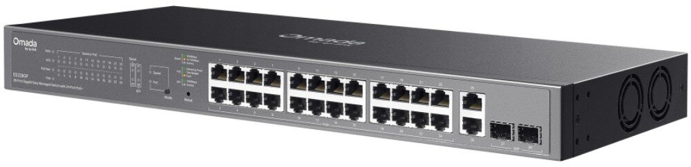 Switch TP-LINK Omada ES228GP Przełącznik sieciowy leżący na blacie obok otwartego laptopa, na którego ekranie widać interfejs aplikacji do zarządzania systemem w chmurze