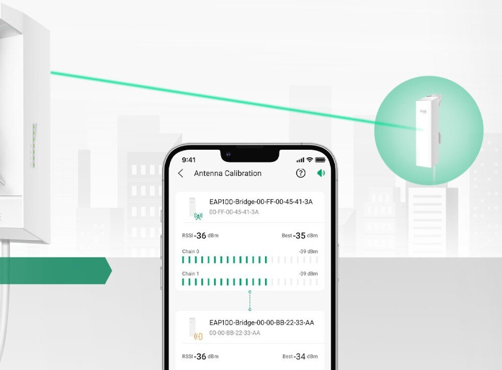 Most bezprzewodowy TP-LINK Omada EAP100-Bridge Kit Ekran smartfona z aplikacją do kalibracji anteny wyświetlający paski siły sygnału na tle zarysu miasta i białego urządzenia zewnętrznego