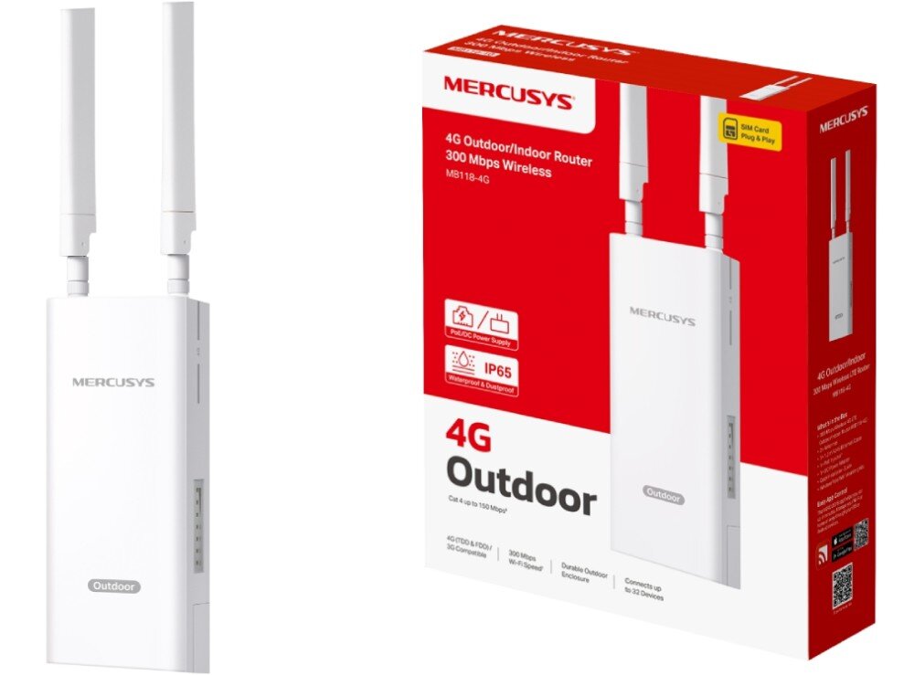 Router MERCUSYS MB118-4G Produkt zaprezentowany z przodu oraz w oryginalnym czerwono-białym opakowaniu z widocznymi ikonami parametrów technicznych