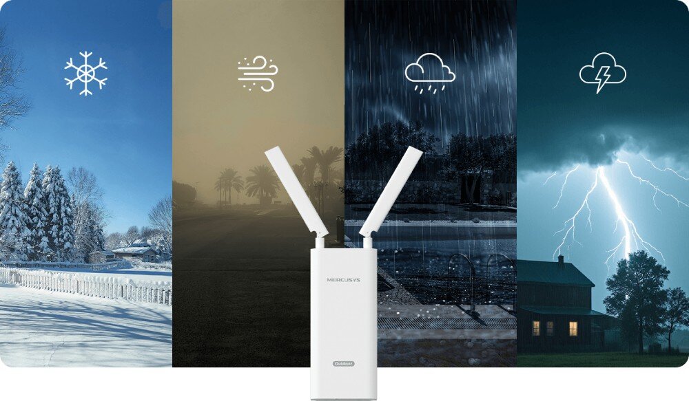 Router MERCUSYS MB118-4G Zestawienie czterech krajobrazów przedstawiających urządzenie pracujące w różnych warunkach pogodowych takich jak śnieg, pył, deszcz oraz burza