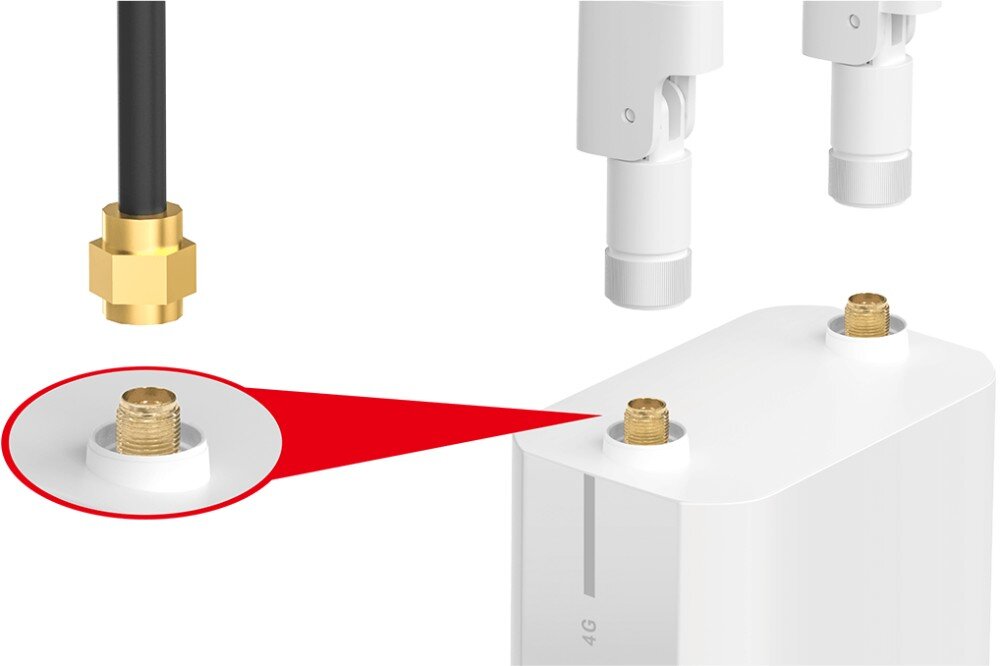 Router MERCUSYS MB118-4G Zbliżenie na górną część obudowy z widocznymi pozłacanymi złączami przeznaczonymi do przykręcenia zewnętrznych anten