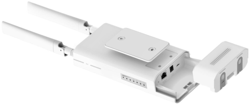 Router MERCUSYS MB118-4G Widok na spód urządzenia z otwartą dolną klapką, która osłania port Ethernet, gniazdo zasilania oraz slot na kartę pamięci lub SIM