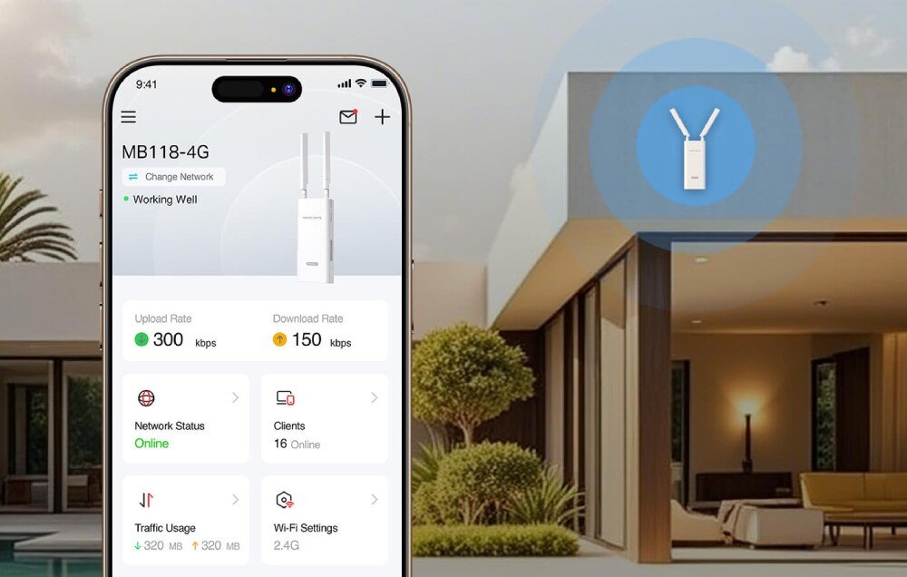 Router MERCUSYS MB118-4G Ekran smartfona z uruchomioną aplikacją mobilną do zarządzania siecią, wyświetlającą statystyki ruchu i liczbę podłączonych klientów