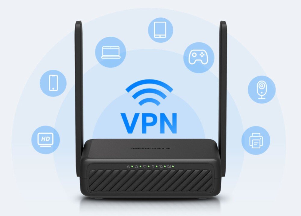 Na obrazie widoczny jest czarny router z dwiema antenami, na którym znajduje się napis \'VPN\'. W tle znajdują się ikony symbolizujące różne urządzenia elektroniczne.