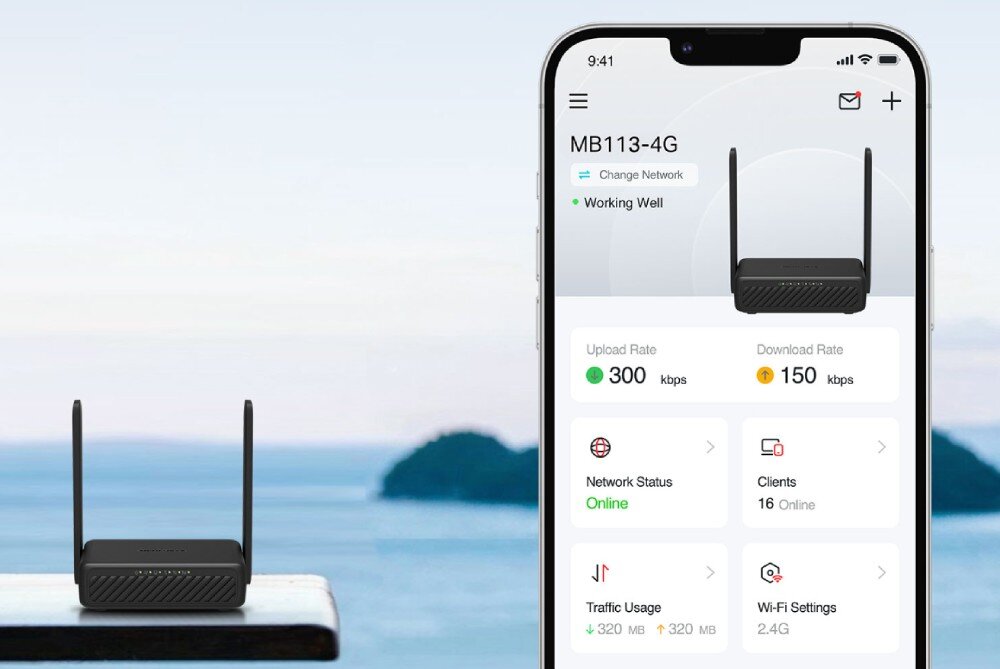 Na obrazie widoczny jest czarny router z dwiema antenami oraz ekran smartfona z aplikacją pokazującą status sieci MB113-4G. Na ekranie widoczne są informacje takie jak \'Working Well\', \'Upload Rate 300 kbps\', \'Download Rate 150 kbps\', \'Network Status Online\', \'Clients 16 Online\', \'Traffic Usage 320 MB\', \'Wi-Fi Settings 2.4G\'.