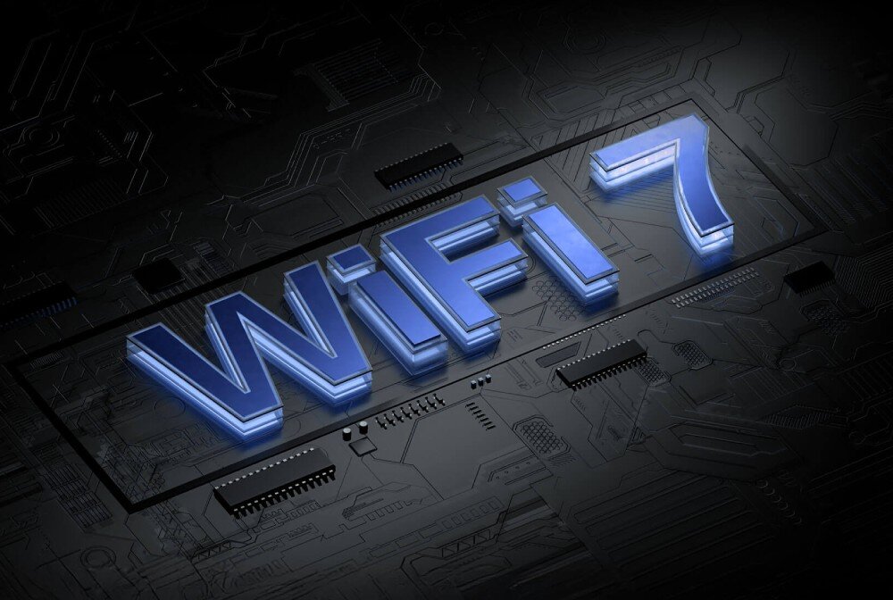 Obraz przedstawia napis \'WiFi 7\' w trójwymiarowym, niebieskim stylu na tle przypominającym płytę główną komputera.