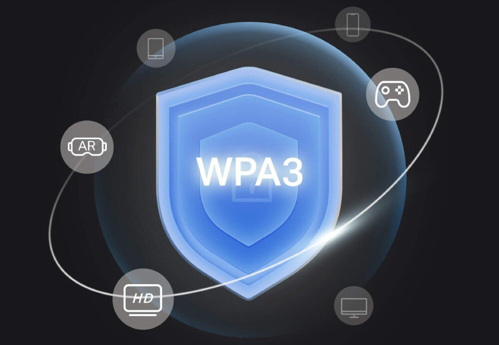 Na obrazie znajduje się niebieska tarcza z napisem \'WPA3\', otoczona ikonami symbolizującymi różne urządzenia, takie jak smartfon, kontroler do gier, komputer, okulary AR i ekran HD. Tarcza i ikony są połączone linią, tworząc wrażenie sieci.