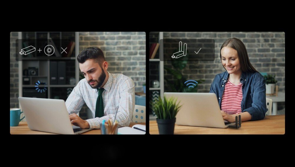Dwie osoby siedzą przy biurkach z laptopami, na ekranie po lewej stronie widoczne są ikony z przekreślonym symbolem USB i kołem zębatym, a po prawej stronie ikona USB z anteną i symbolem zatwierdzenia. W tle znajdują się półki z książkami i rośliny.