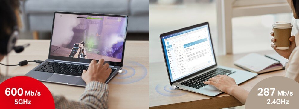 Karta sieciowa MERCUSYS MA60XNB Dwie sceny prezentujące użycie laptopów przy czym lewa pokazuje osobę grającą w grę z czerwonym oznaczeniem '600 Mb/s 5GHz' a prawa osobę przeglądającą pocztę z brązowym oznaczeniem '287 Mb/s 2.4GHz'