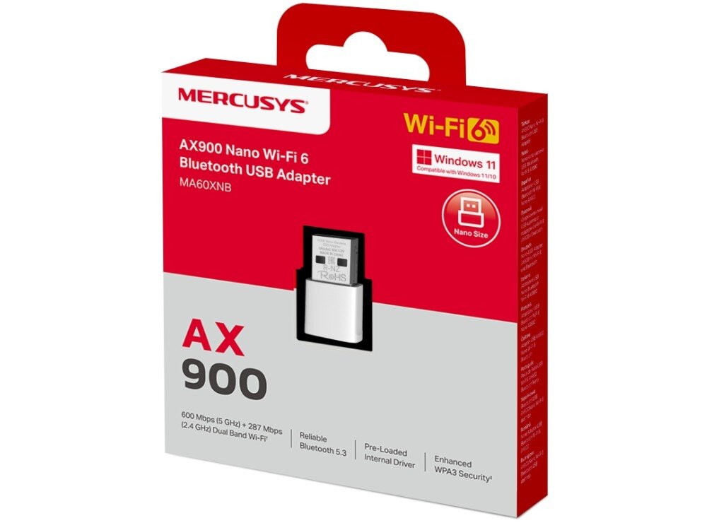 Karta sieciowa MERCUSYS MA60XNB Biało czerwone opakowanie kartonowe z ilustracją małego adaptera USB oraz napisami informującymi o standardzie Wi-Fi 6 i prędkości transmisji AX900