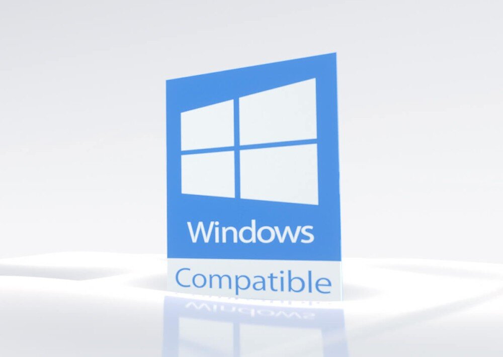 Karta sieciowa MERCUSYS MA60XNB Grafika przedstawiająca niebieskie logo systemu operacyjnego z napisem 'Windows Compatible' na białym tle z delikatnym odbiciem u dołu