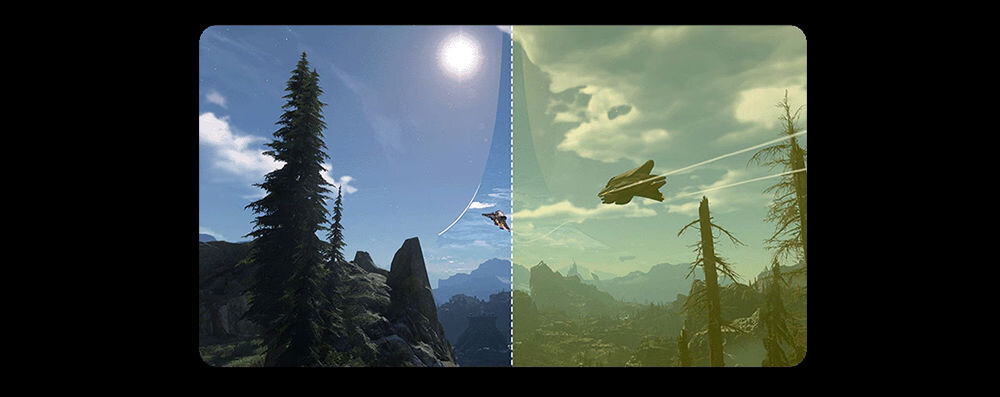 Monitor LENOVO Legion 27U-10 27 cali 3840x2160px IPS 160Hz 0.5 ms [MPRT] prezentacja działania funkcji Low Blue Light na czarnym tle redukcja emisji szkodliwego niebieskiego światła żywe kolory