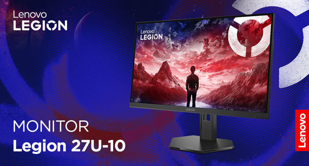 Monitor LENOVO Legion 27U-10 27 cali 3840x2160px IPS 160Hz 0.5 ms [MPRT] prezentacja monitora na fioletowym tle z gradientem napis z modelem monitora