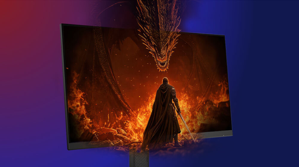 Monitor LENOVO Legion 27U-10 27 cali 3840x2160px IPS 160Hz 0.5 ms [MPRT]  
					Monitor Lenovo Legion OLED postać stojąca z mieczem w centrum kadru nad nim smok tło z gradientem
					ekran UHD przekątna Dual-Mode przełączanie odświeżania i rozdzielczości NVIDIA® G-SYNC® płynna rozgrywka bez zacięć