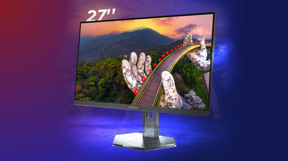 Monitor LENOVO Legion 27U-10 27 cali 3840x2160px IPS 160Hz 0.5 ms [MPRT] 
					Monitor Lenovo Legion pod kątem z wyświetlonym krajobrazem napis 27'' tło z gradientem
					przekątna rozdzielczość 99% palety sRGB 95% DCI-P3 treści są żywe HDR10 realistyczny widok