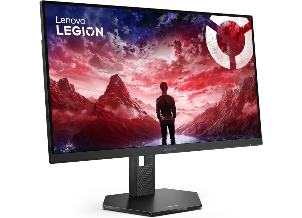 Monitor LENOVO Legion 27U-10 27 cali 3840x2160px IPS 160Hz 0.5 ms [MPRT] prezentacja monitora na białym tle przód pod kątem waga wymiary szeroki obraz solidność konstrukcji