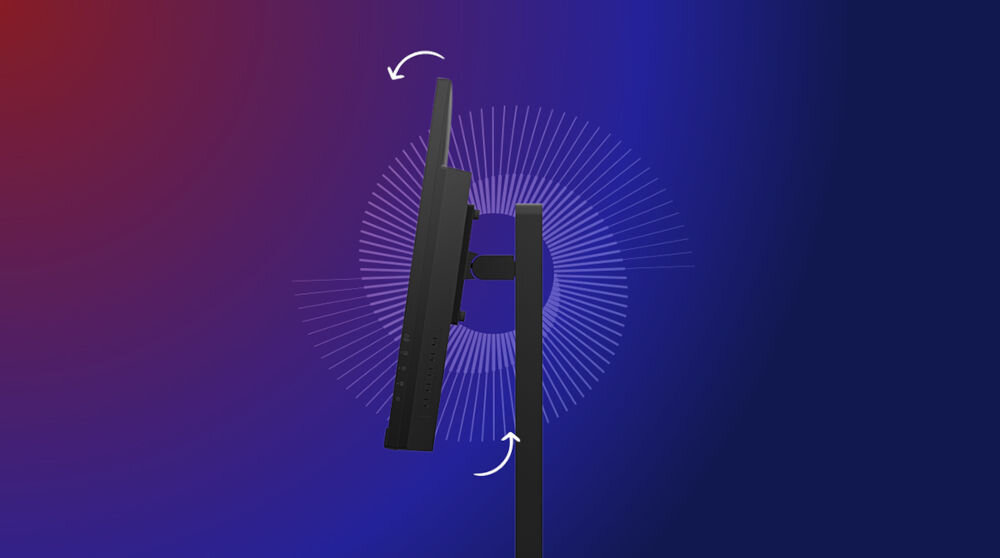 Monitor LENOVO Legion 27U-10 27 cali 3840x2160px IPS 160Hz 0.5 ms [MPRT] prezentacja monitora od boku na fioletowym tle z gradientem pokazanie możliwości regulacji strzałkami szeroki zakres regulacji pivot slot Kensington Lock