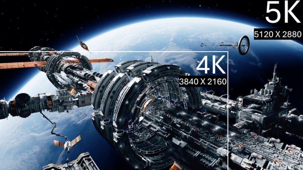 Monitor ASUS ROG Strix XG27JCG Ekran przedstawia ujęcie z góry na rozbudowaną, szczegółową stację kosmiczną unoszącą się nad błękitną planetą, z białymi konturami i napisami określającymi różnice między obszarami w rozdzielczościach '4K' (3840x2160) oraz '5K' (5120x2880) w prawym górnym rogu, ekran, przekątna, matryca
