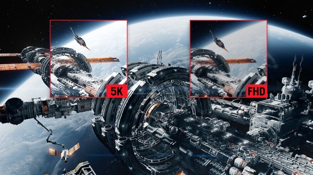 Monitor ASUS ROG Strix XG27JCG Grafika porównawcza pokazująca to samo szczegółowe ujęcie stacji kosmicznej z dwoma zbliżeniami w czerwonych ramkach - lewe z wyraźnym napisem '5K' pokazuje ostre detale, prawe z napisem 'FHD' jest wyraźnie rozmyte, funkcja Dual Mode, tryby