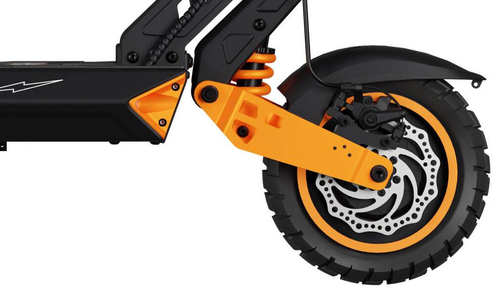 Hulajnoga elektryczna KAMIKAZE K1 Max Max 80km 2x1000W 10 cali Czarny zbliżenie na przednie koło 10-calowe opony bezdętkowe lepsza przyczepność i stabilność na różnych nawierzchniach konstrukcja bezdętkowa minimalizuje ryzyko przebicia gruby bieżnik