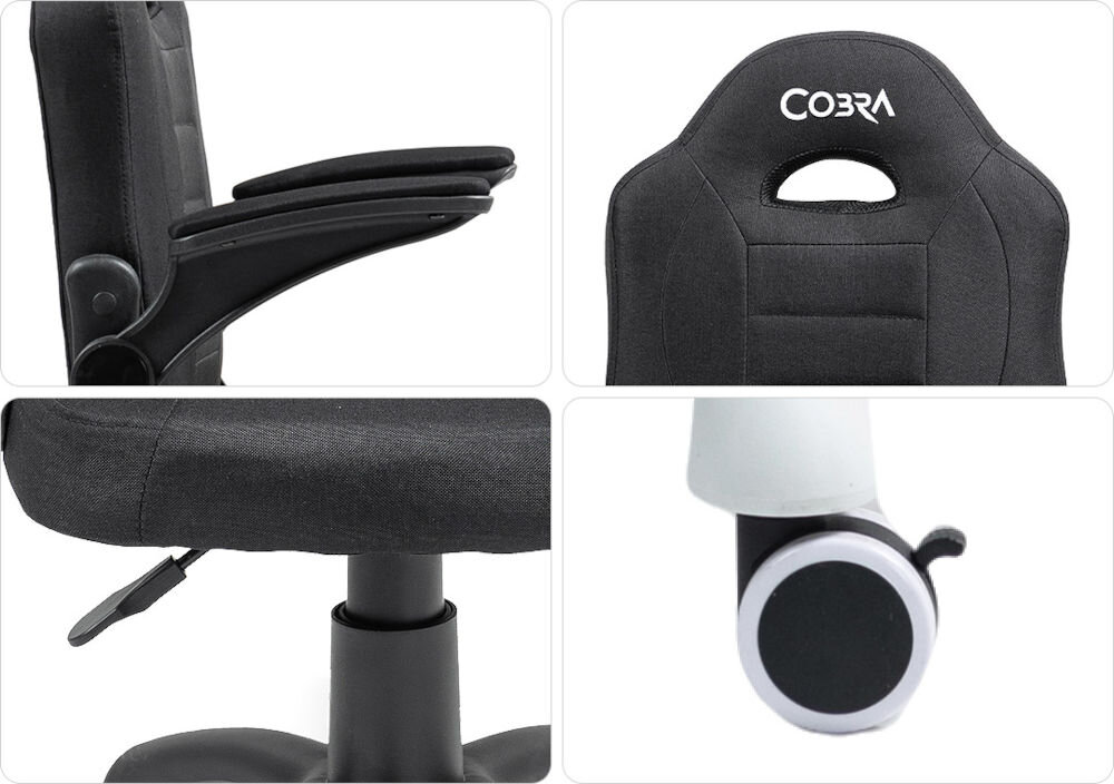 Fotel COBRA Junior Pro CRF2306 7.1T Czarny Kolaż czterech zdjęć: podłokietnik fotela gamingowego Cobra Junior (góra-lewo), logo Cobra na zagłówku (góra-prawo), element sterujący pod siedziskiem (dół-lewo) oraz plastikowe kółko (dół-prawo) niska waga krok do samodzielności dziecka plastikowe kółka płynne poruszanie się szybka zmiana pozycji