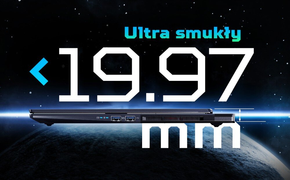 Laptop PREDATOR Helios Neo 16S AI Widok boczny laptopa z napisem 'Ultra smukły <19.97 mm' na tle kosmicznego krajobrazu, grubość, waga, wielkość