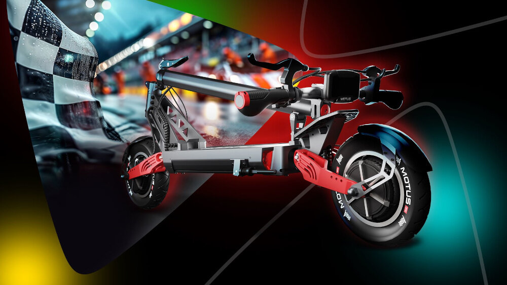 Hulajnoga elektryczna MOTUS Pro 10 Daytona 65km 2x1000W Amortyzacja 10 cali Czarny abstrakcyjne tło na tle złożona hulajnoga składana konstrukcja prosty system składania