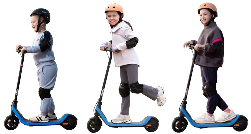 Hulajnoga elektryczna SEGWAY Ninebot C2 Lite 9km 130W 7 cali Czarno-niebieski białe tło trójka dzieci w różnym wieku jedzie na hulajnogach trzy tryby jazdy tryb standardowy prędkość do 12 km/h dla początkujących dzieci tryb wspomagania tradycyjna jazda z dodatkiem napędu prędkość do 16 km/h tryb przyspieszenia do 16 km/h dla bardziej doświadczonych dzieci