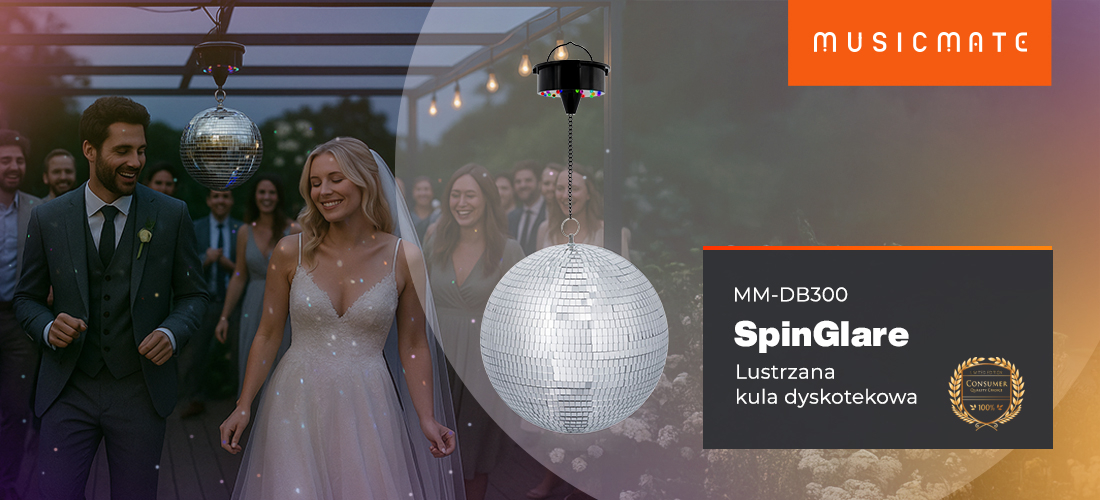Kula dyskotekowa MUSICMATE MM-DB300 SpinGlare z efektem światła RGB LED i silnikiem obrotowym, osoby na weselu z zawieszoną kulą nad głową