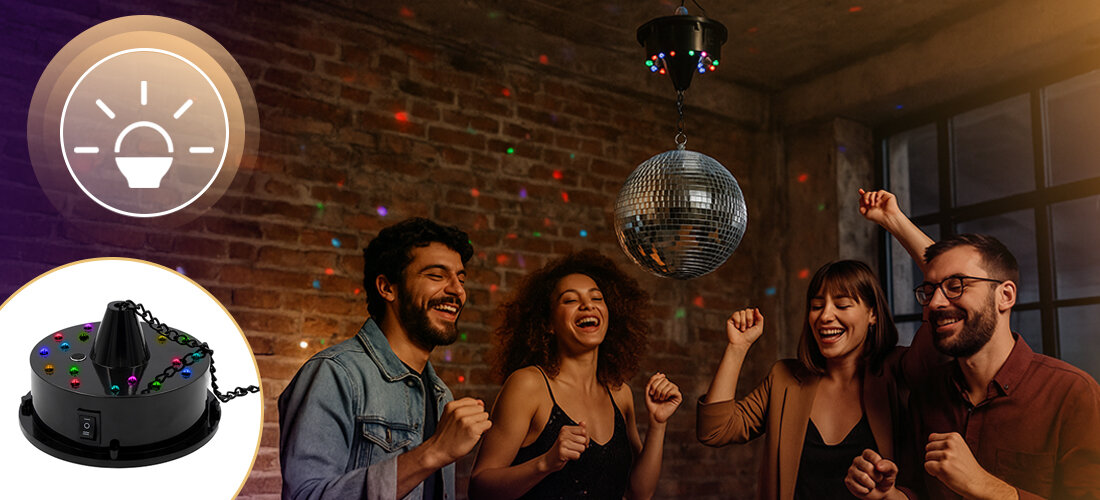 Kula dyskotekowa MUSICMATE MM-DB300 SpinGlare z napędem i światłem LED do domowych i klubowych zastosowań, osoby tańczące w rytm muzyki z zawieszoną kulą dyskotekową