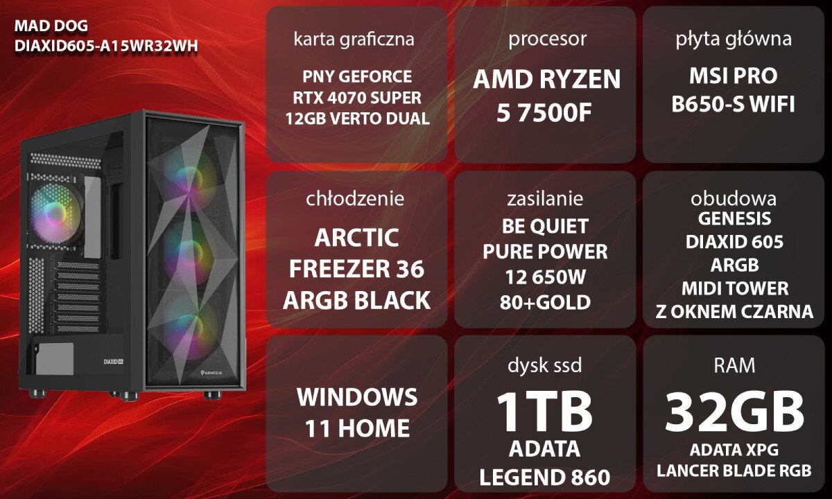 Komputer MAD DOG DIAXID605-A15WR32WH Kobieta w słuchawkach grająca na komputerze stacjonarnym. Siedzi przy biurku z podświetlaną klawiaturą i monitorem, w tle niebiesko-żółte oświetlenie i regał, opis