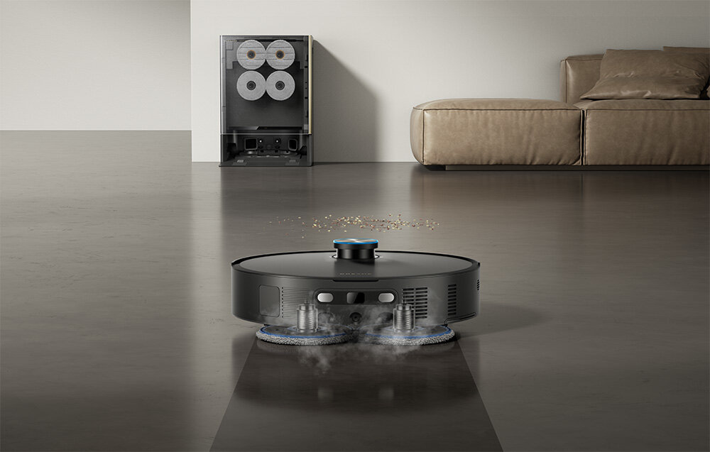 Robot sprzątający DREAME Matrix 10 Ultra Czarny Mopowanie Omni-Scrub automatycznie dostosowują kąt nachylenia Siła nacisku 8N prędkość 165 obrotów na minutę  świeżych, jak i zaschniętych zabrudzeń System unoszenia mopów