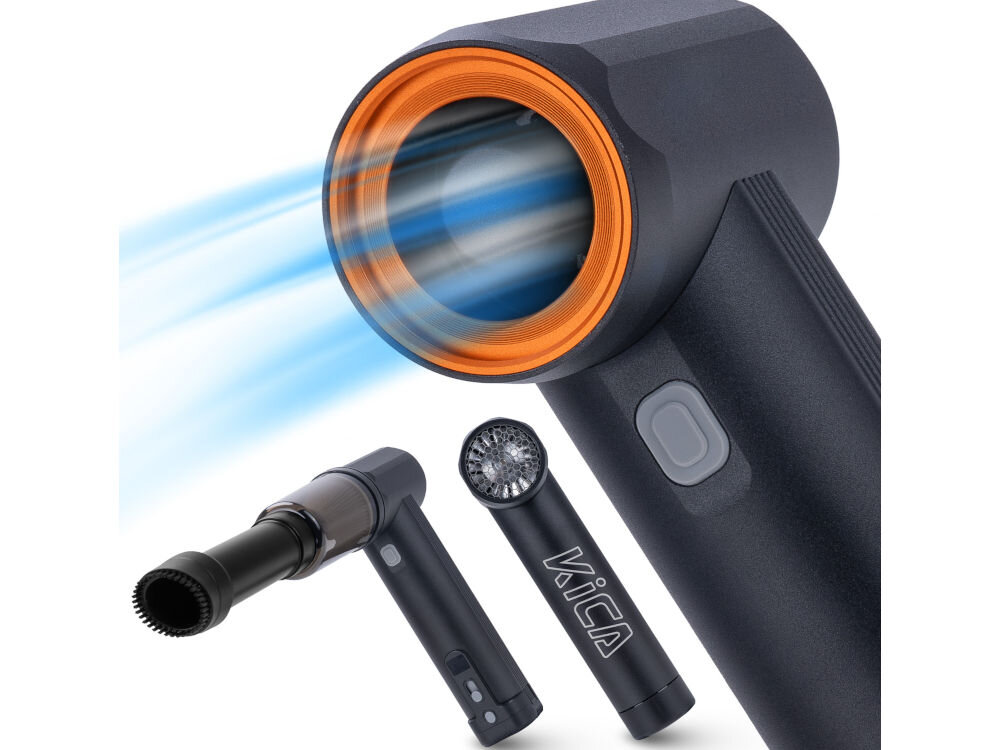 Dmuchawa wielofunkcyjna FeiyuTech KiCA JetFan Max Czarny białe tło czarna dmuchawa szary przycisk pomarańczowa obręcz niebieski strumień wydobywający się z dmuchawy dla twórców projekty fotograficzne i filmowe silny strumień powietrza dynamiczne efekty rozwiewanie włosów poruszanie rekwizytów realizacja kreatywnych wizji tworzenie wyjątkowych ujęć 