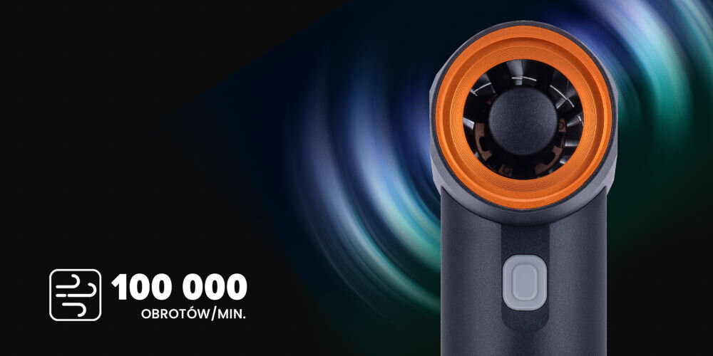 Dmuchawa wielofunkcyjna FeiyuTech KiCA JetFan Max Czarny ciemne tło czarna dmuchawa pomarańczowa obręcz przycisk 104,5 x 254,1 x 60,7 mm o mocy 785 W silnik bezszczotkowy do 100 000 obrotów na minutę potężny strumień powietrza o prędkości aż 331 km/h w czyszczeniu elektroniki pielęgnacji ogrodu sprzątaniu przy tworzeniu dynamicznych efektów specjalnych w fotografii 