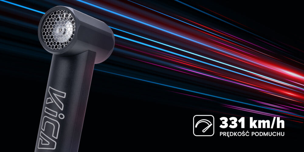 Dmuchawa wielofunkcyjna FeiyuTech KiCA JetFan Max Czarny ciemne tło czarna dmuchawa kolorowe linie 100 poziomów regulacji prędkości subtelna bryza potężna siła przycisk TURBO maksymalne obroty kontrola efektywność działania 