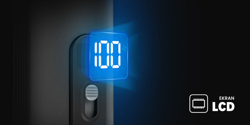 Dmuchawa wielofunkcyjna FeiyuTech KiCA JetFan Max Czarny ciemne tło czarna obudowa niebieski wyświetlacz  wbudowany w urządzenie Wyświetlacz podgląd prędkości i poziomu naładowania baterii Komfortowe użytkowanie ergonomicznie zaprojektowany uchwyt Proste i intuicyjne sterowanie