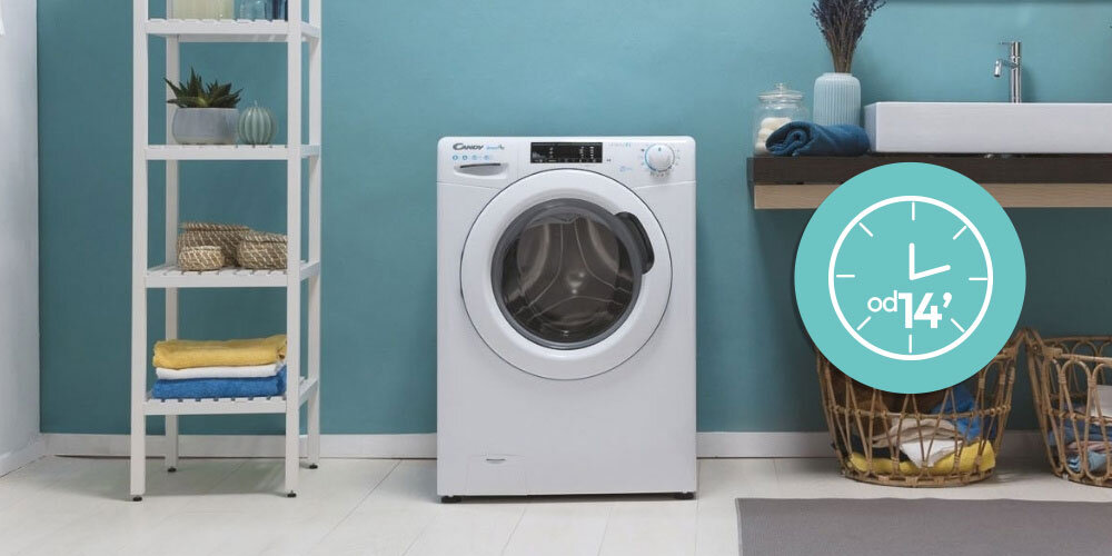PRALKO-SUSZARKA CANDY SMART PRO CSOW 4855TWE lifestyle front łazienka ikona czas zegar regał kosze na pranie szybki 14 minut krótki czas szybkie pranie oszczędność czasu