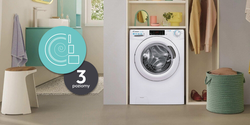 PRALKO-SUSZARKA CANDY SMART PRO CSOW 4855TWE lifestyle front zamknięta kosz dekoracje łazienka lusterko 3 poziomy suszenie efektywne przyjemne funkcja Do prasowania do szafy extra suche
