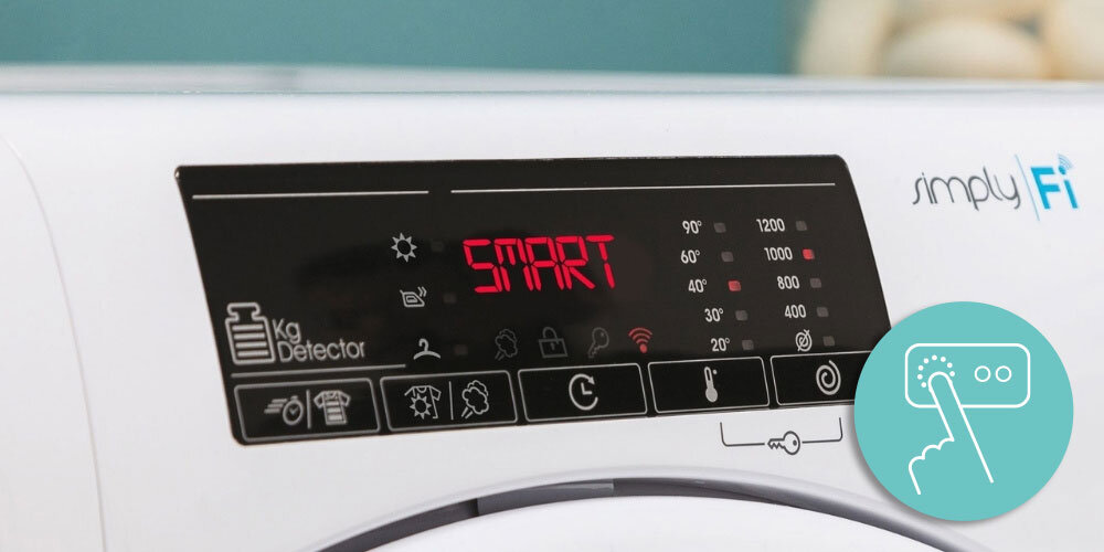 PRALKO-SUSZARKA CANDY SMART PRO CSOW 4855TWE lifestyle panel wyświetlacz funkcje programy ikony interfejs ikona wyświetlacz tekstowy Przejrzyste ikony