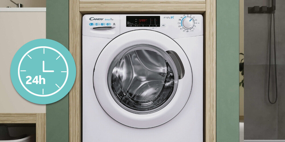 PRALKO-SUSZARKA CANDY SMART PRO CSOW 4855TWE lifestyle front zamknięta panel ikona zegar czas planowanie startu Opóźnienie