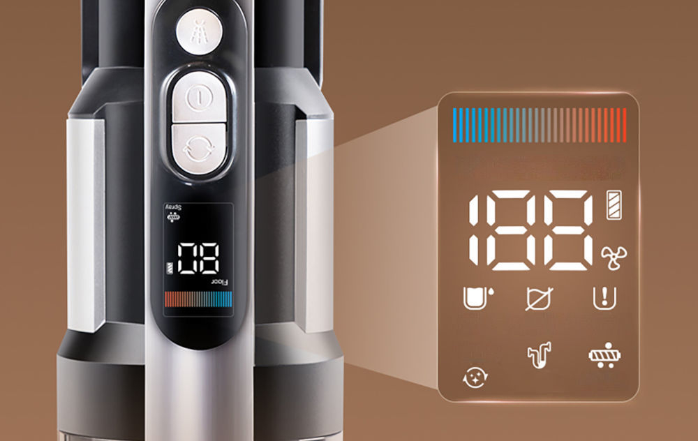 Odkurzacz JIMMY PW11 Pro z aktywnym mopowaniem inteligentny wyświetlacz LED czas pracy wybrany tryb czyszczenia stan baterii łatwe monitorowanie postępów sprzątania obsługa asystenta głosowego intuicyjne wygodne użytkowanie 