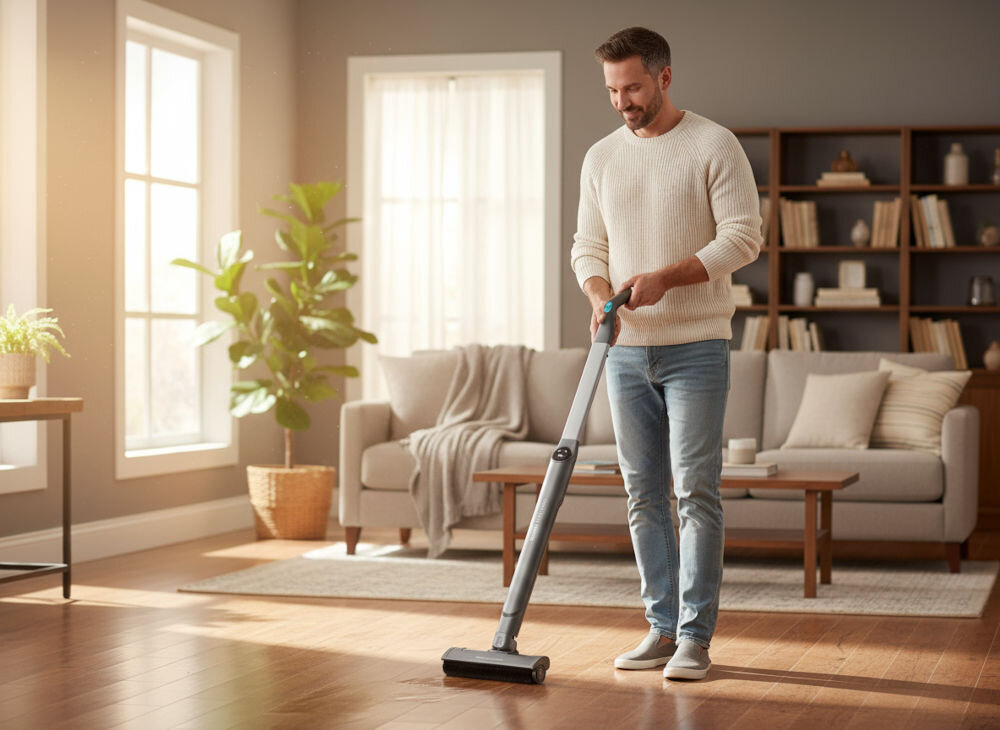 Mop elektryczny GÖTZE&JENSEN EM600T manewrujący między meblami i pod szafkami kuchennymi