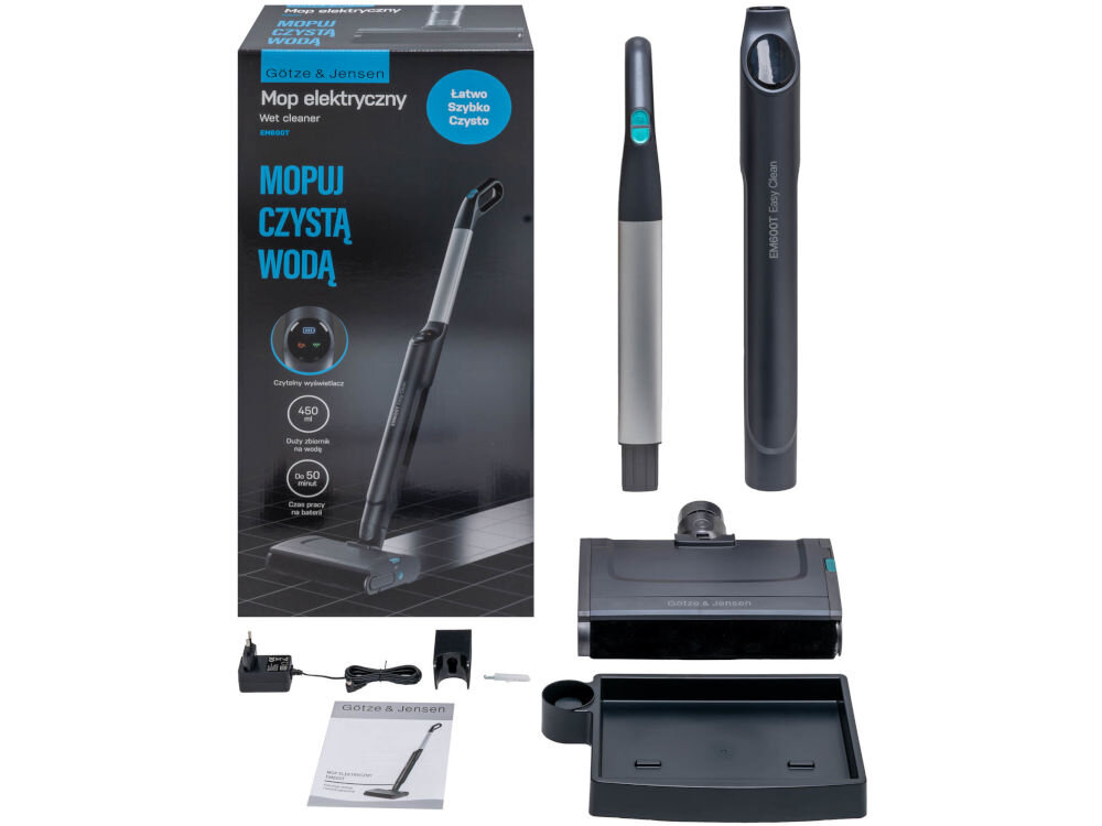 Mop elektryczny GÖTZE&JENSEN EM600T manewrujący między meblami i pod szafkami kuchennymi