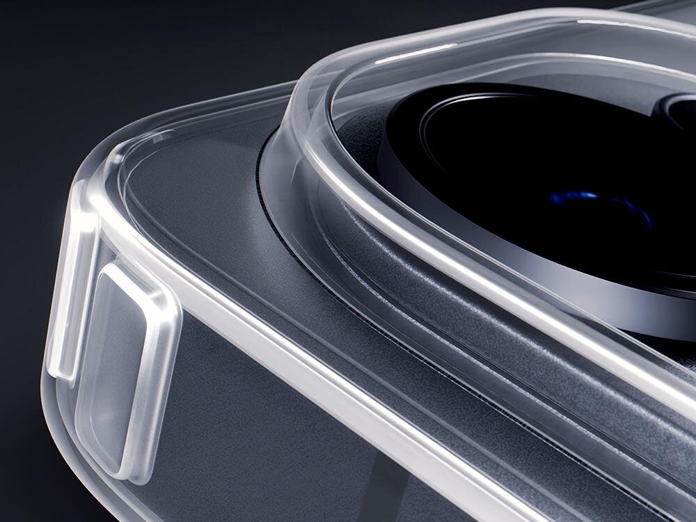 Etui XLINE Clear Guardx MagSafe do Samsung Galaxy S26 Ultra Przezroczysty Detale krawędzi przezroczystego etui ochronnego z podwyższoną ramką wokół obiektywów aparatu smartfona.