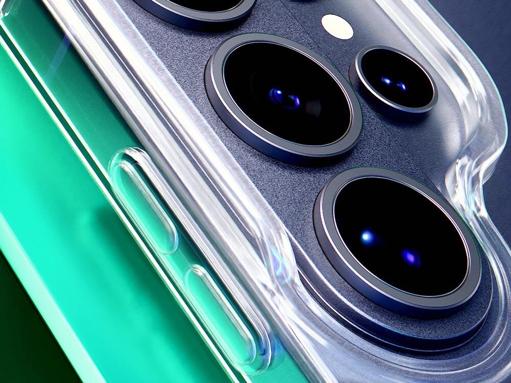 Etui XLINE Clear Guardx MagSafe do Samsung Galaxy S26 Ultra Przezroczysty Zbliżenie na tył telefonu Samsung w przezroczystym etui z precyzyjnymi wycięciami na cztery obiektywy aparatu.