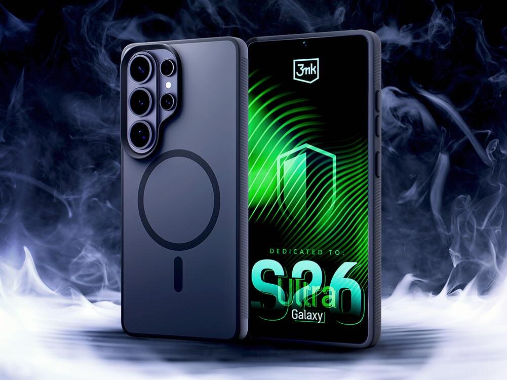 Etui XLINE Smoke Guardx MagSafe do Samsung Galaxy S26 Smartfon Samsung Galaxy S26 Ultra w czarnym etui ochronnym marki 3nk z wbudowanym pierścieniem magnetycznym. Telefon prezentowany na tle dymu i neonowej zielonej grafiki na ekranie.