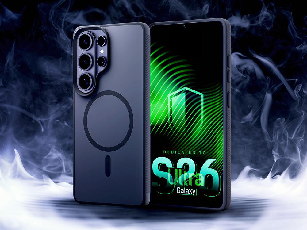Etui XLINE Smoke Guardx MagSafe do Samsung Galaxy S26 Smartfon Samsung Galaxy S26 Ultra w czarnym etui ochronnym marki 3nk z wbudowanym pierścieniem magnetycznym. Telefon prezentowany na tle dymu i neonowej zielonej grafiki na ekranie.