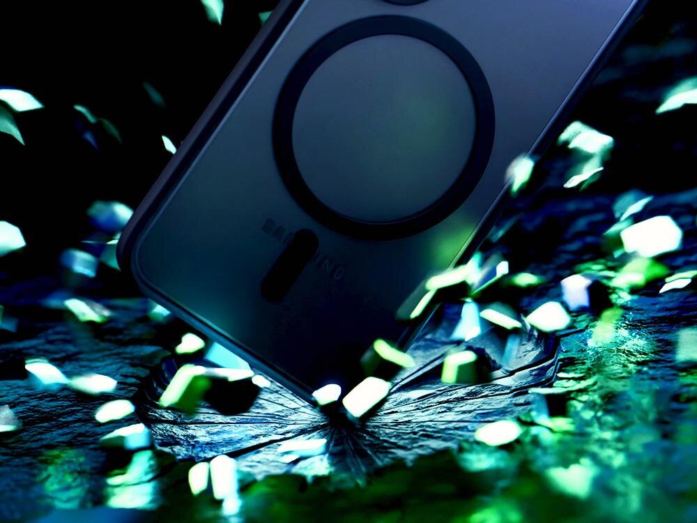 Etui XLINE Satin Guardx MagSafe do Samsung Galaxy S26 Ultra Przezroczysto-czarny Smartfon Samsung Galaxy S26 w etui 3nk uderzający o twarde, pęknięte podłoże. Grafika ilustruje odporność obudowy na wstrząsy i upadki, podkreślając ochronę urządzenia w ekstremalnych warunkach.